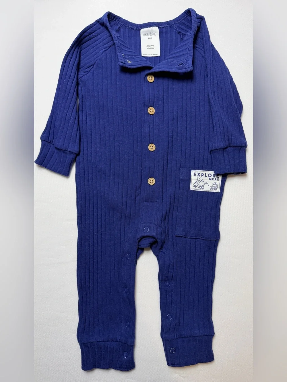 Carter's Waffle Knit Patch Romper Okie Dokie Blue Patch Ribbed Romper- 6 M